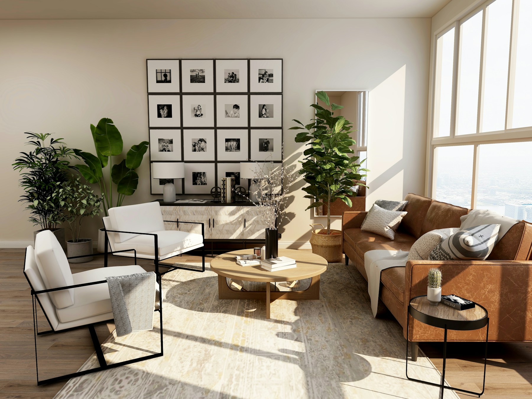 A light-filled living room with natural wood furniture and comfortable seating